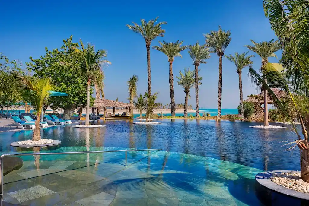 Resort pool surrounded by palm trees